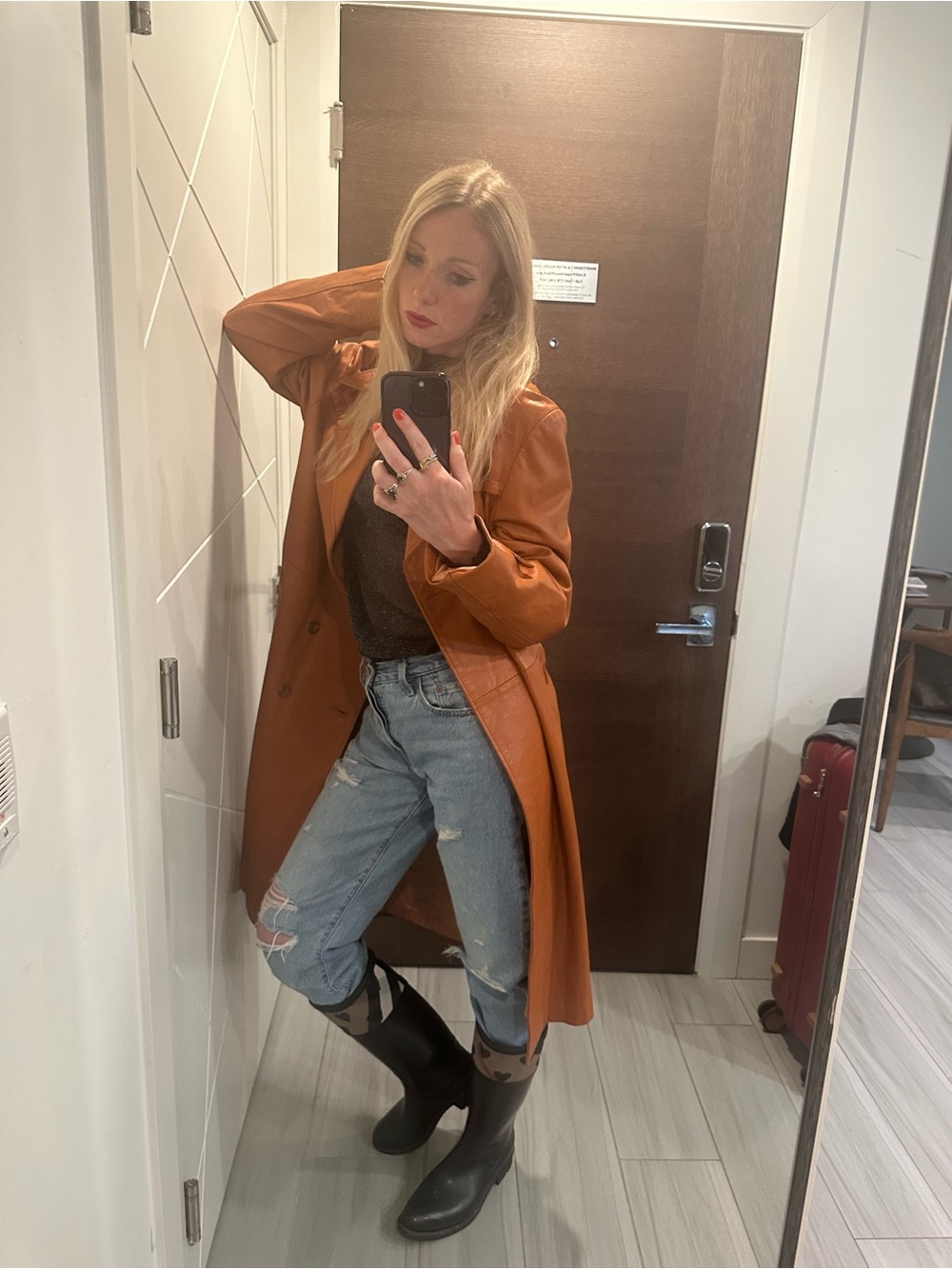 Classic Vintage Double-Breasted Women's Leather Trench Coat - Burnt Orange